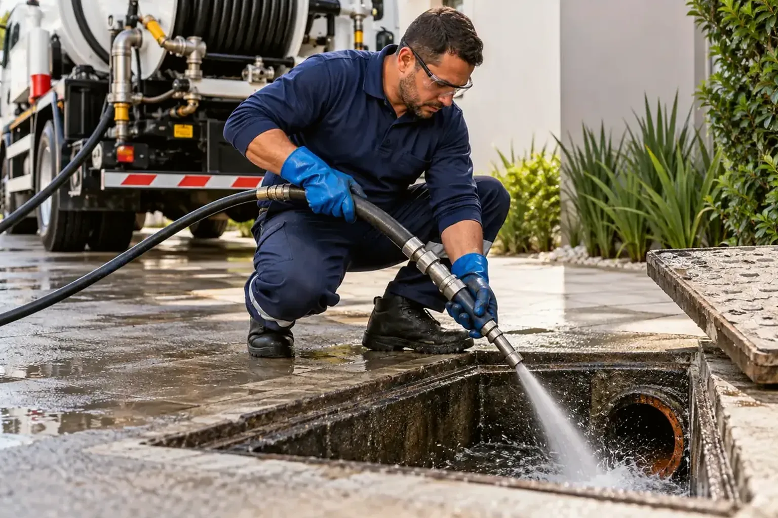 Equipamento de hidrojateamento em ação para desentupir tubulações em Lavras.