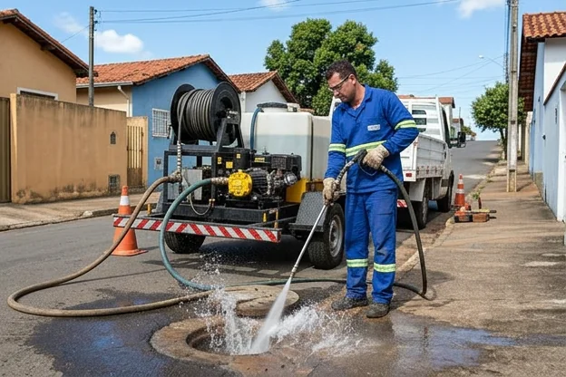 Equipamento de hidrojateamento sendo utilizado por profissionais em Lavras.