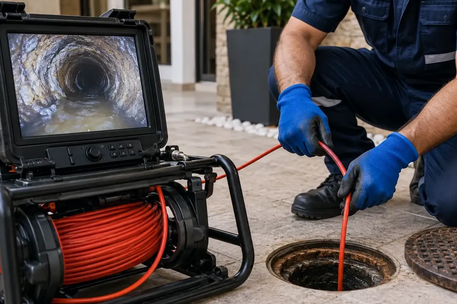 Profissionais usando câmera para inspecionar tubulações em Lavras.