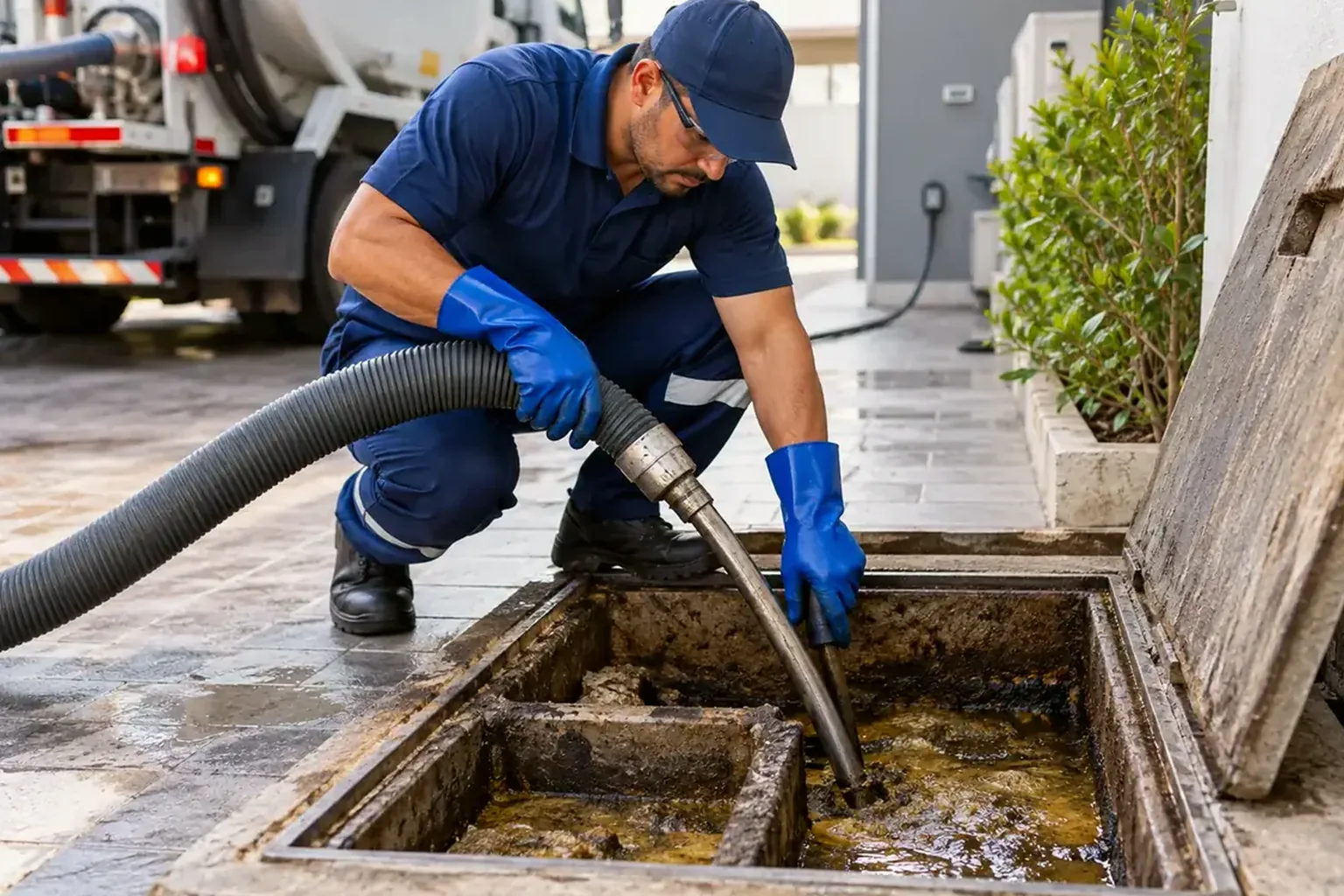 Profissional limpando uma caixa de gordura em Lavras de forma eficiente.