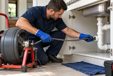 Técnico desentupindo uma tubulação em Lavras com equipamentos adequados.