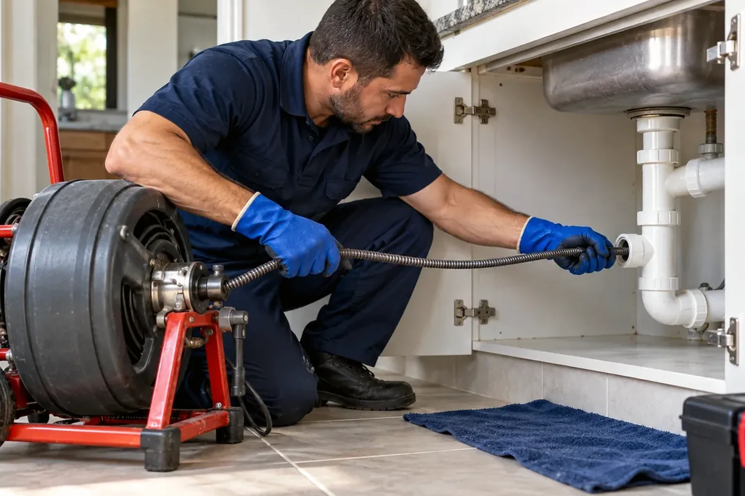 Técnico desentupindo uma tubulação em Lavras com equipamentos adequados.