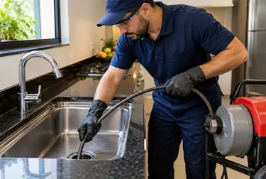Técnicos desentupindo uma pia com equipamentos especializados em Lavras.