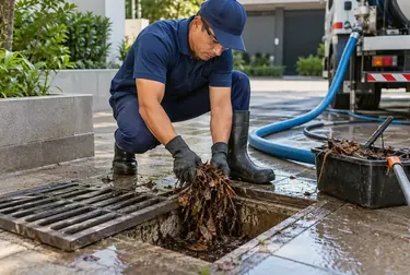 Técnicos desentupindo uma rede pluvial em Lavras com equipamentos específicos.