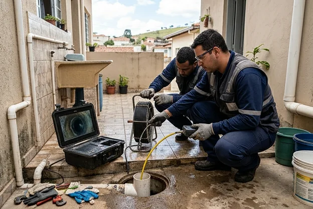 Técnicos inspecionando tubulações em Lavras utilizando equipamento especializado.