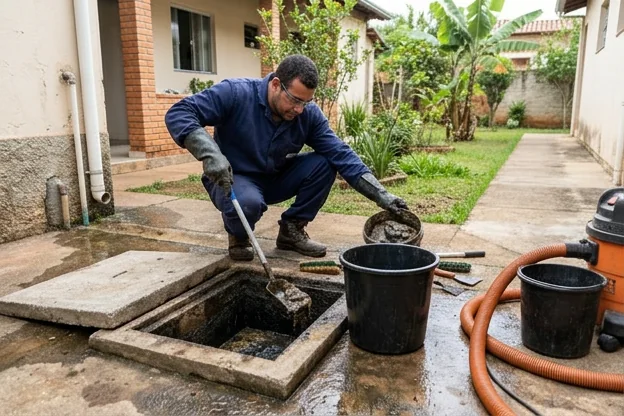 Técnicos realizando a limpeza de uma caixa de gordura em Lavras.