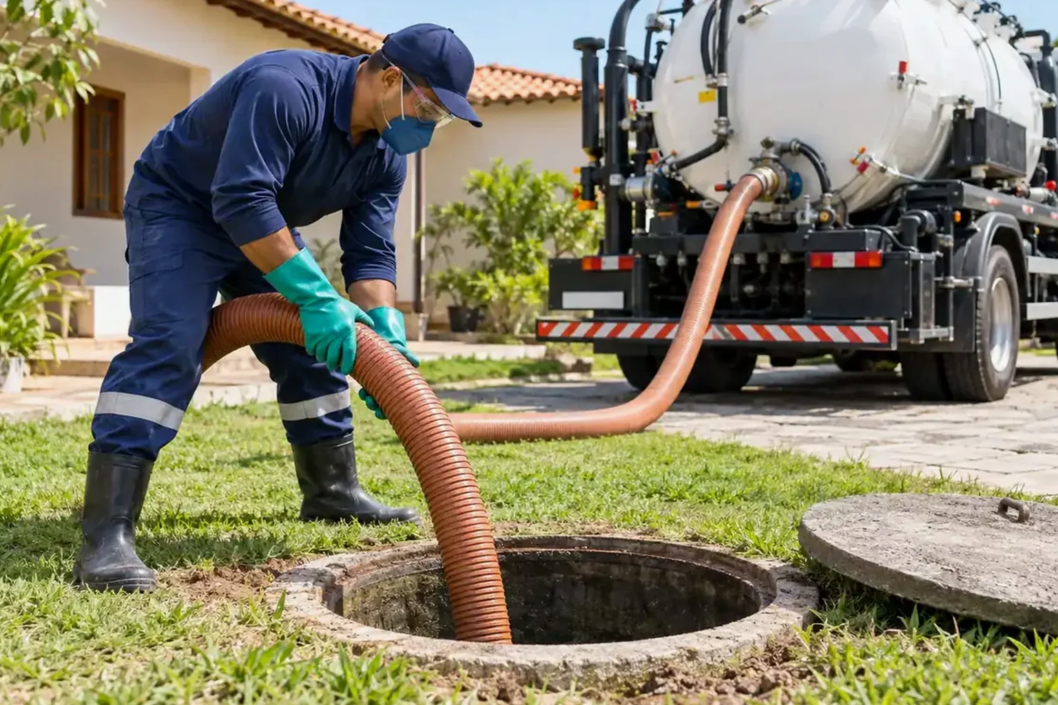 Técnicos realizando a limpeza de uma fossa séptica em Lavras.