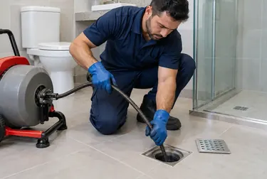Técnicos realizando desentupimento de ralos usando ferramentas específicas em Lavras.