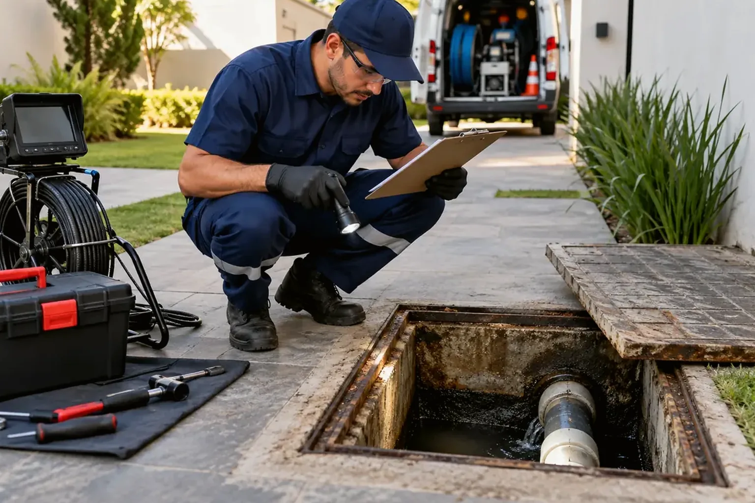 Técnicos realizando manutenção preventiva em redes de esgoto em Lavras.