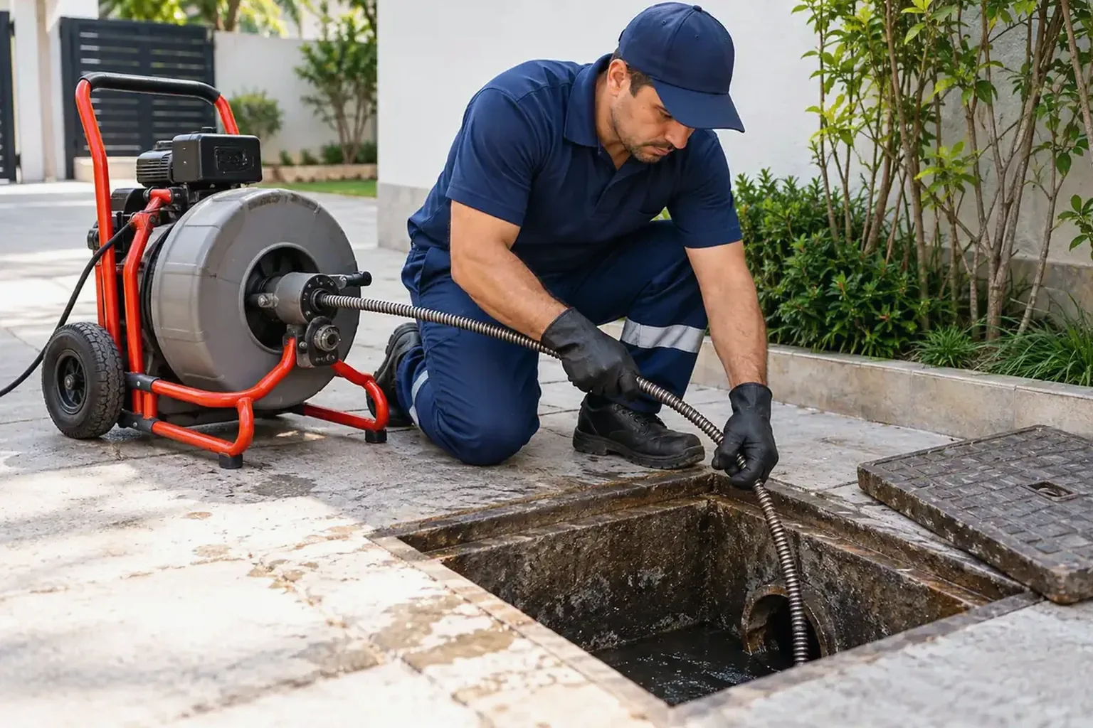 Técnicos trabalhando em um desentupimento de esgoto em Lavras.